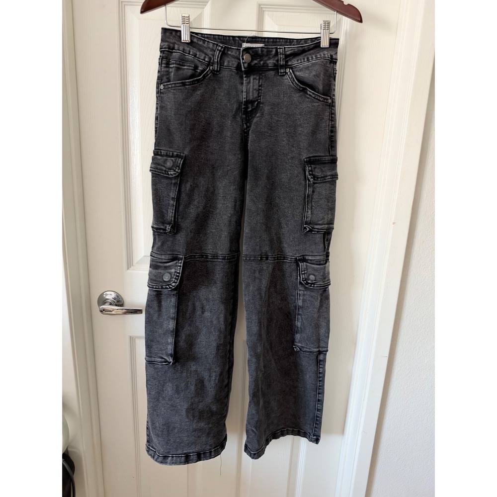 Fire & Rain Women Washed Black Cargo Jeans Wide Leg Acid Wash Size 7 Utility